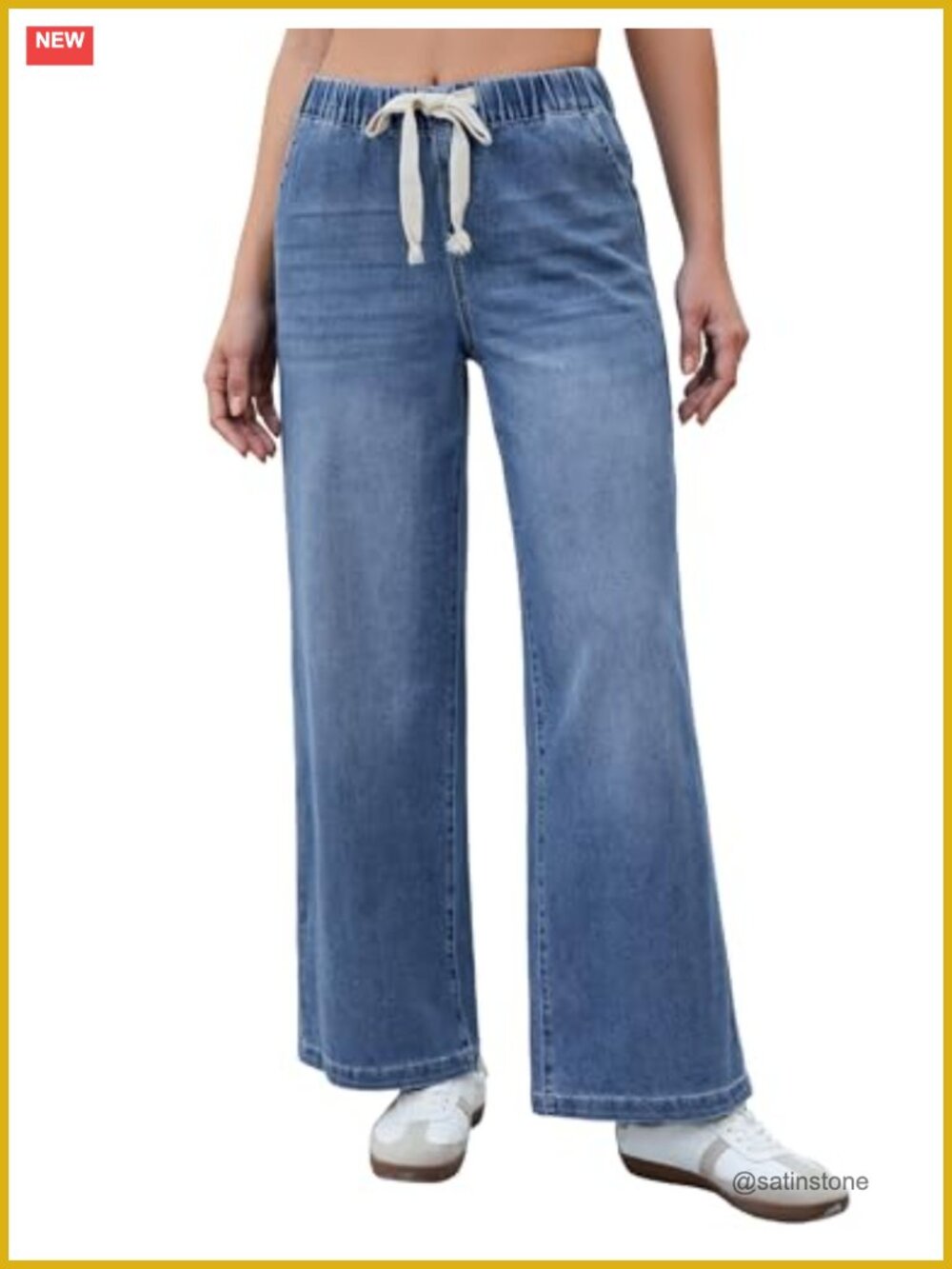 High Waisted Wide Leg Pull On Jeans with Pockets Stretchy Denim